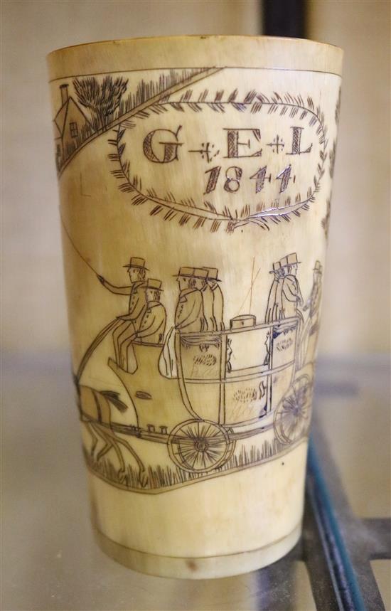 Horn beaker dated 1844, coaching scene
